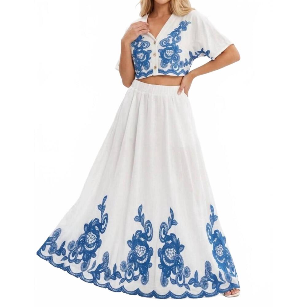 NEW CHICWAYS embroidered two-piece maxi skirt set in blue